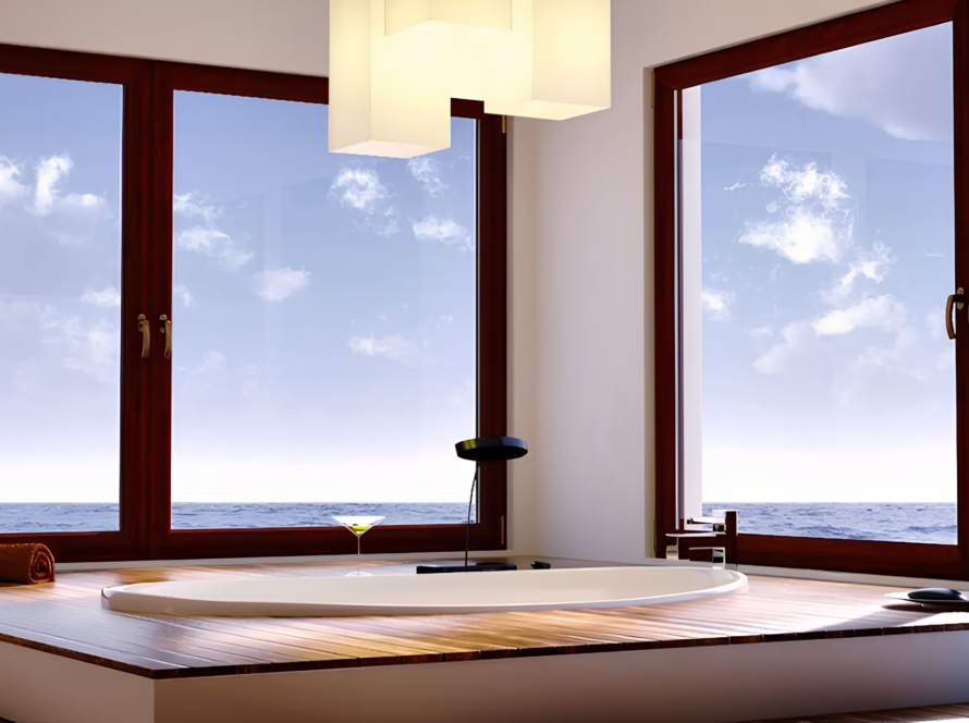 Ampie finestre Drutex moderne con profili in legno in una stanza da bagno panoramica con vista sul mare, luce naturale e design elegante. Ideale per valorizzare comfort, isolamento e stile degli infissi in ambienti esclusivi.